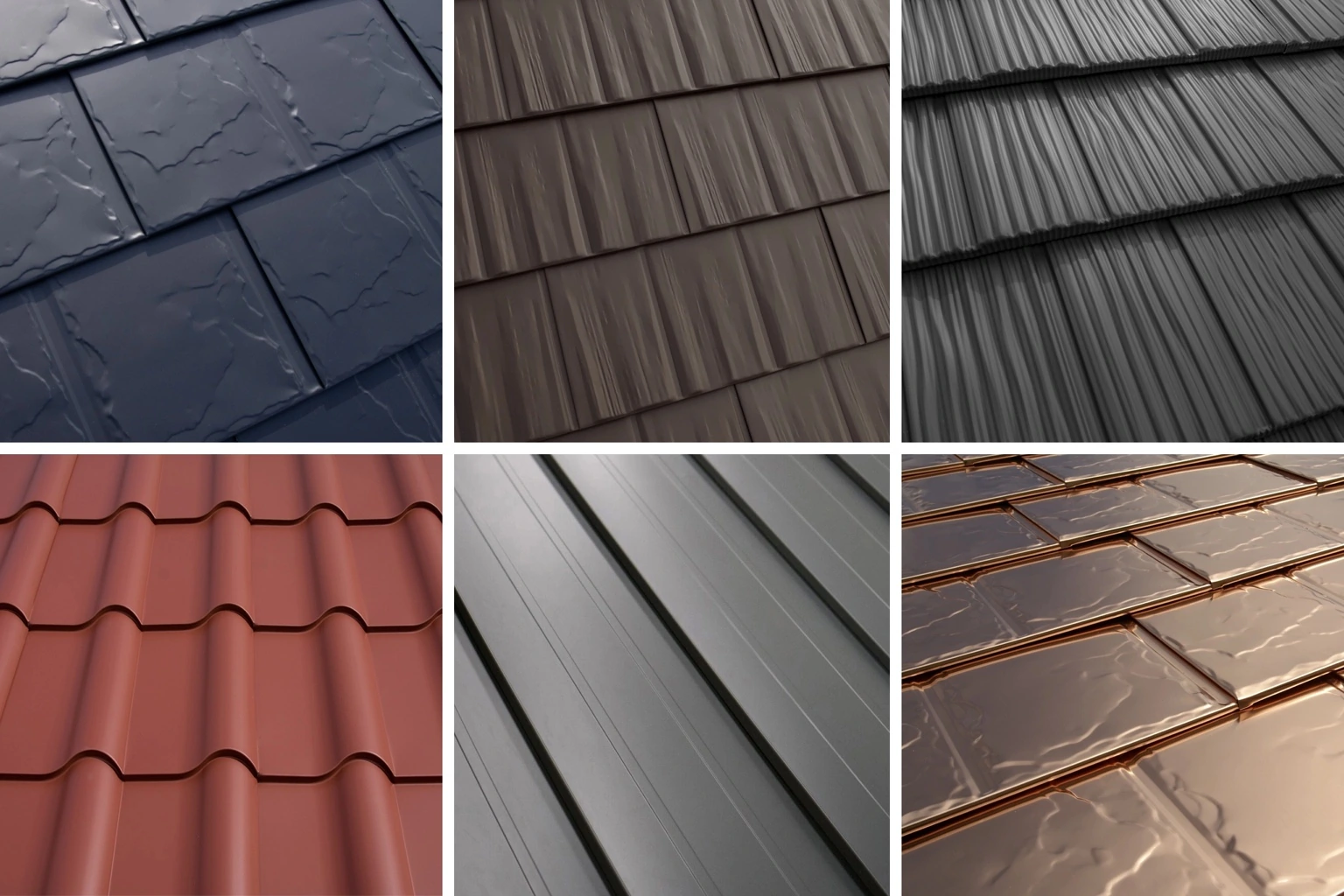Variety of Interlock® aluminum roofing styles including slate, cedar shingles, shake, Mediterranean tile, and standing seam, showcasing durability and aesthetic options for Pacific Northwest homes.