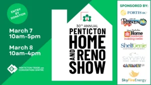 Penticton Home and Reno Show 2026 promotional banner featuring event dates, times, and sponsors, highlighting Interlock Metal Roofing's participation at Penticton Trade and Convention Centre.