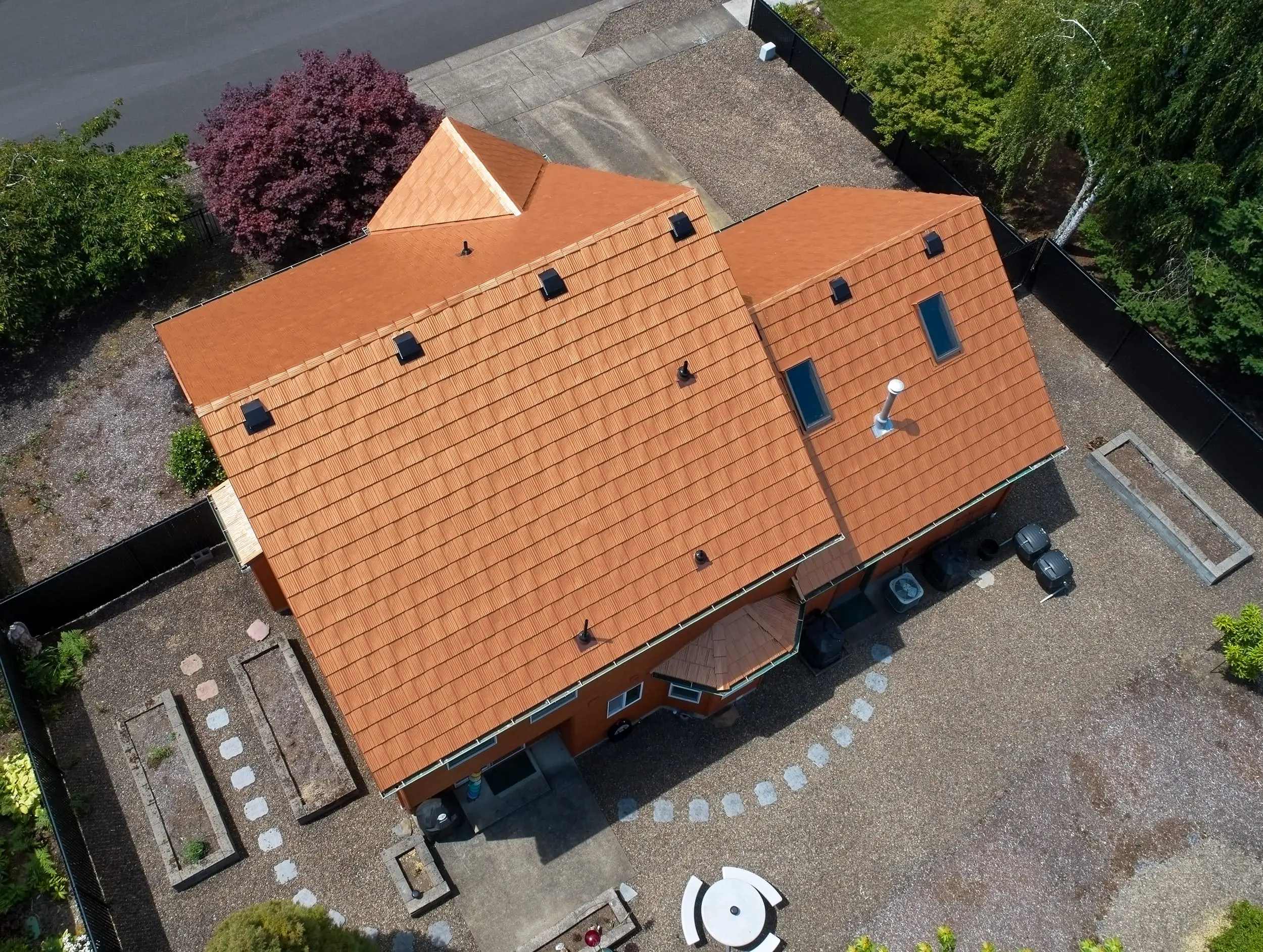Albany, Or 97321 Interlock Metal Roofing Copper Penny Aluminum Shake Roof Aerial Backyard